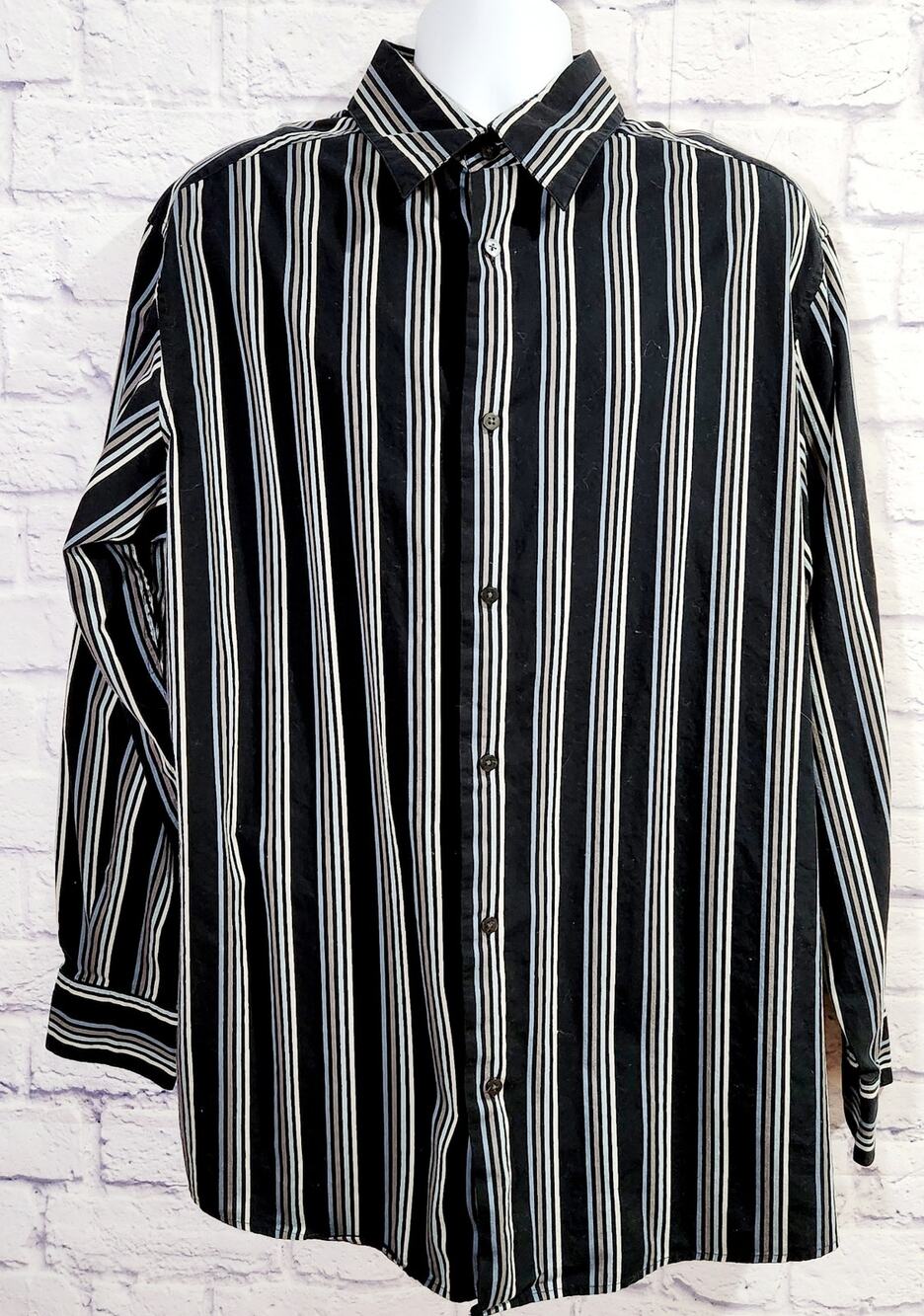 Concepts By Claiborne Black Silver Blue Striped Button Up Shirt 2XLT